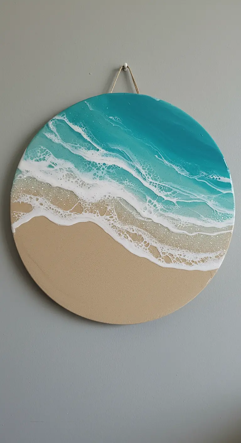 Cuadro redondo de una playa con olas realistas creadas con resina epoxi brillante