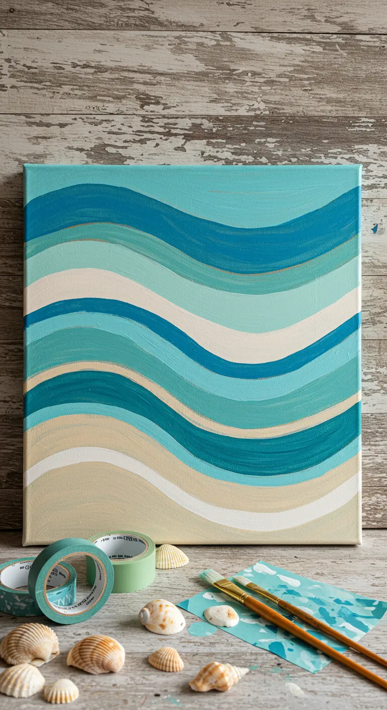 Cuadro DIY con ondas pintadas en tonos azules, turquesas y arena, evocando una playa.