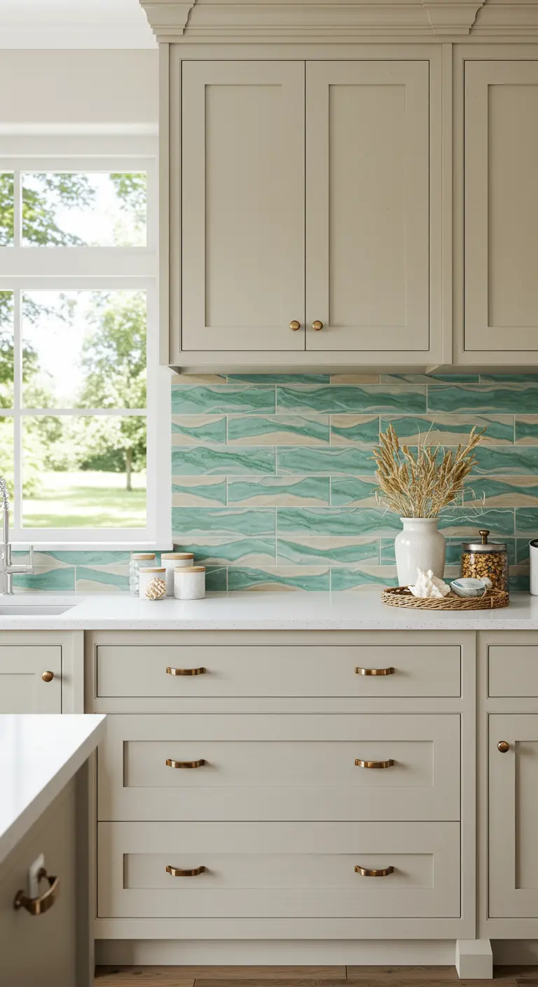 Salpicadero de cocina con azulejos ondulados en tonos aguamarina y arena, con gabinetes beige.