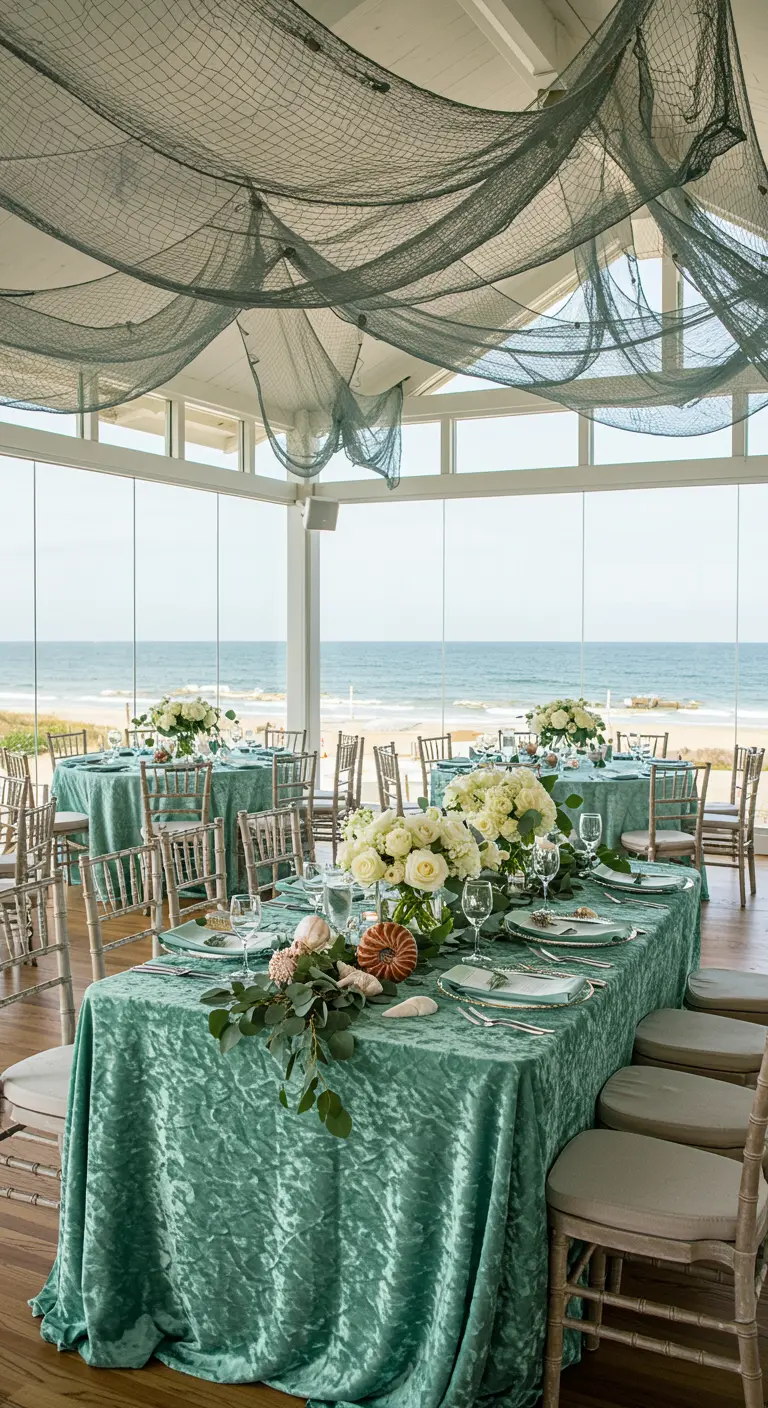 Salón de bodas con techo cubierto de red de pesca y mesas con manteles verde mar.