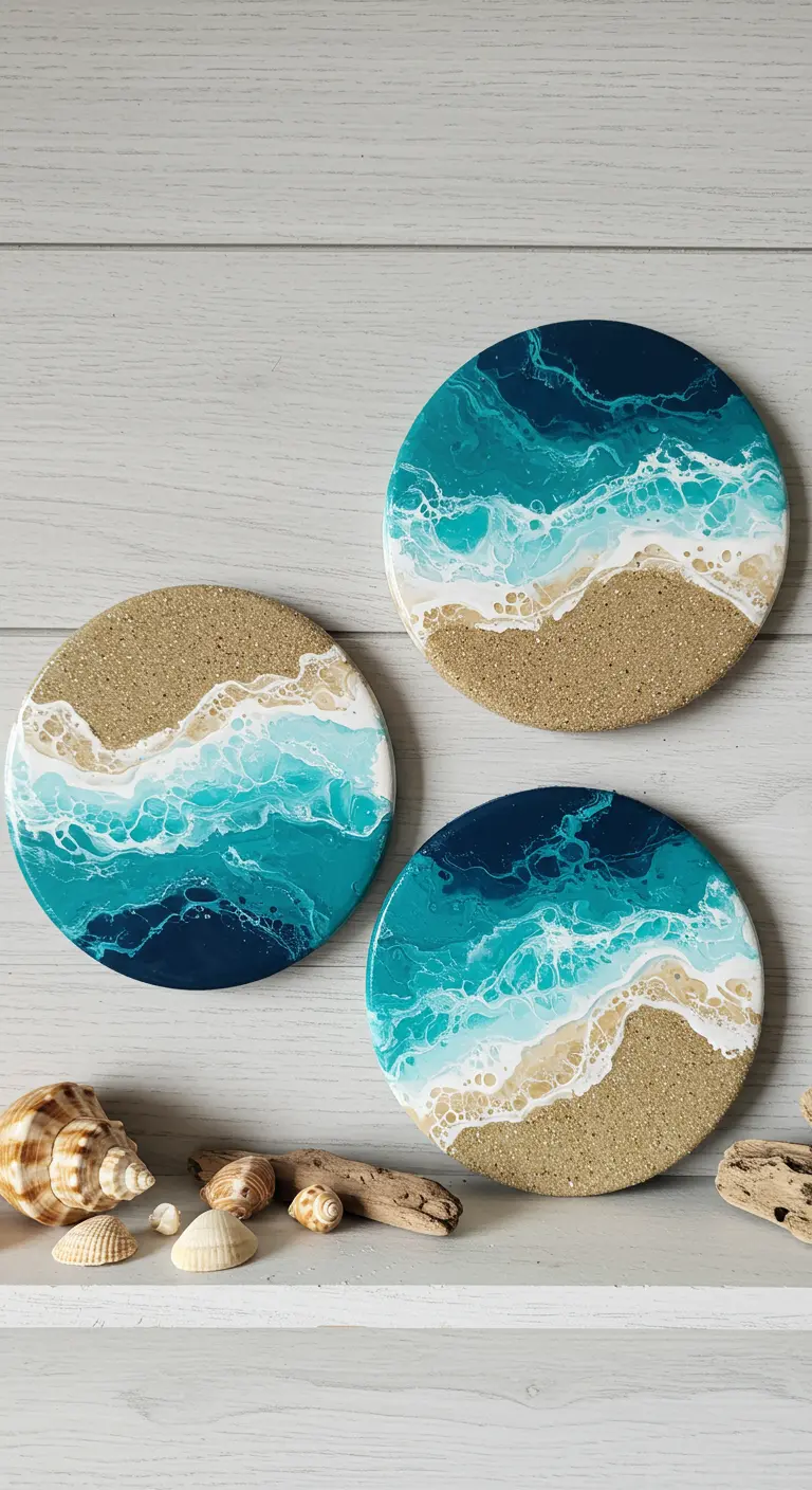 Tríptico de cuadros redondos que simulan una playa con arena real y olas de pintura fluida