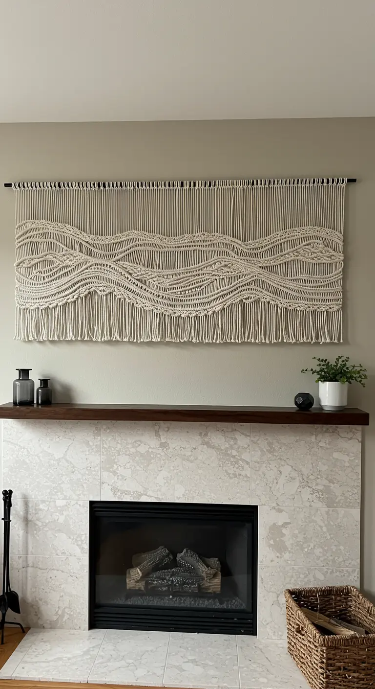 Tapiz de macramé rectangular y ancho con un patrón de ondas, colgado sobre una chimenea moderna.