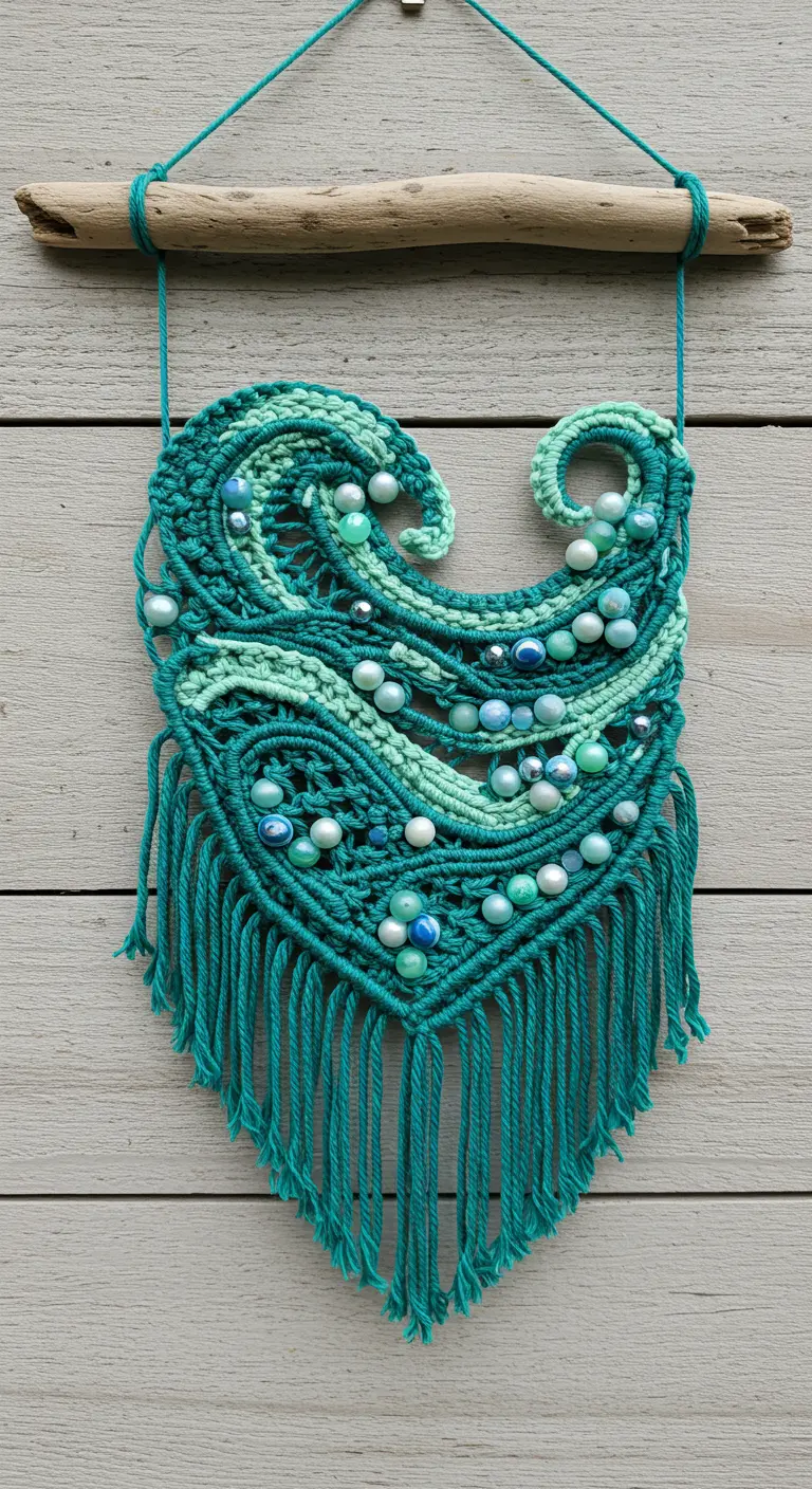 Tapiz de macramé en tonos turquesa con forma de ola y perlas azules y blancas.