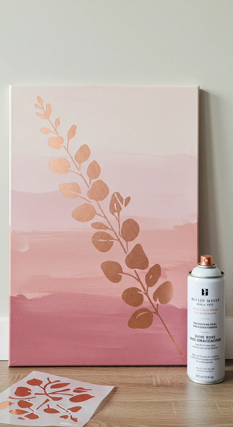 Lienzo con fondo degradado en tonos rosas y una rama de eucalipto en spray color oro rosa.