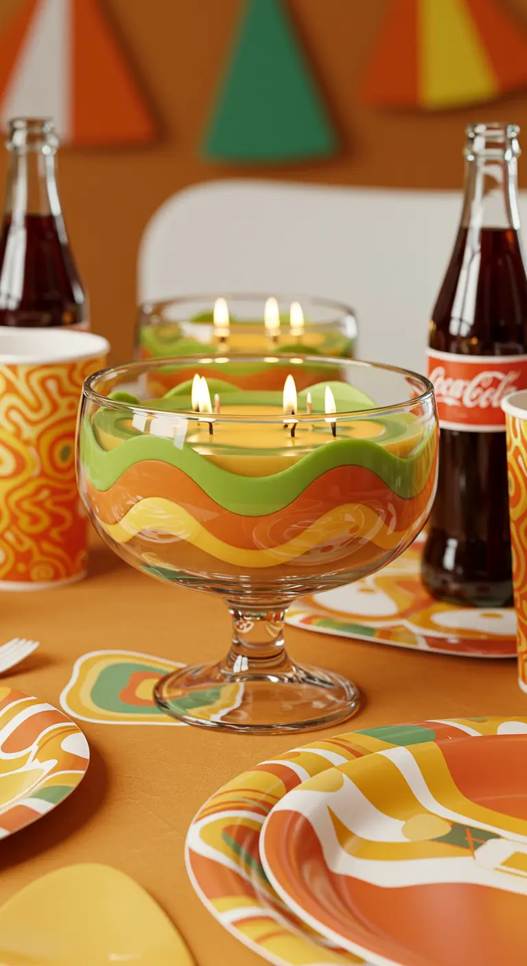 Vela de varias mechas en una copa de postre con capas onduladas de colores retro.