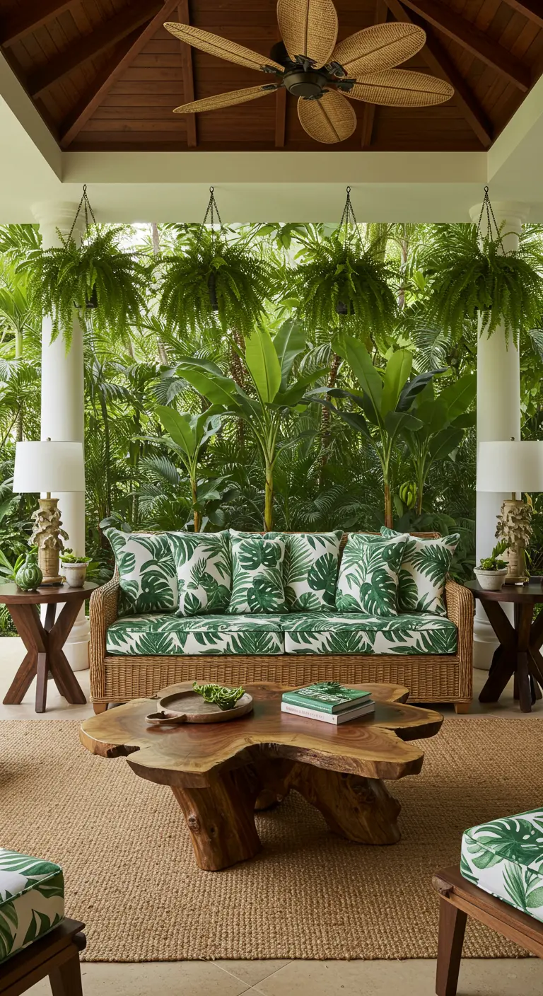 Porche tropical con sofá de ratán y cojines con estampado de hojas, rodeado de plantas.
