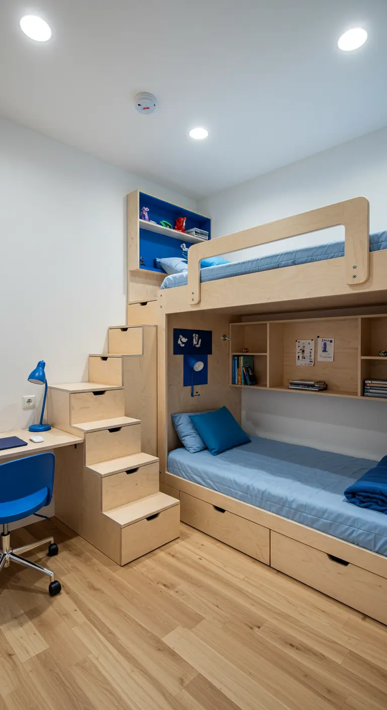 Litera de madera a medida con escaleras que son cajones y un escritorio azul integrado.