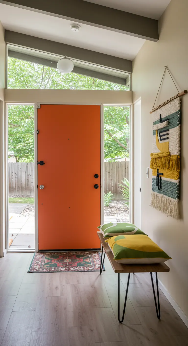 Entrada de estilo mid-century con un tapiz tejido de colores y cojines a juego en un banco.