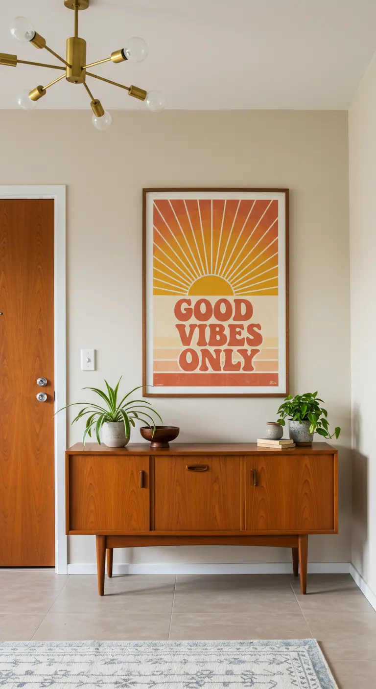 Recibidor de estilo Mid-Century con un aparador de teca y un póster retro que dice 'GOOD VIBES ONLY'.