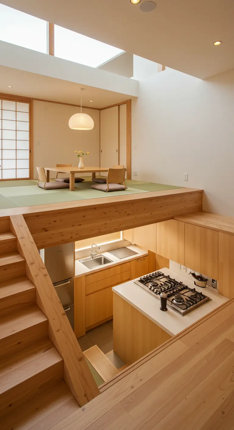 Diseño de cocina compacta de madera situada bajo una plataforma elevada de comedor japonés