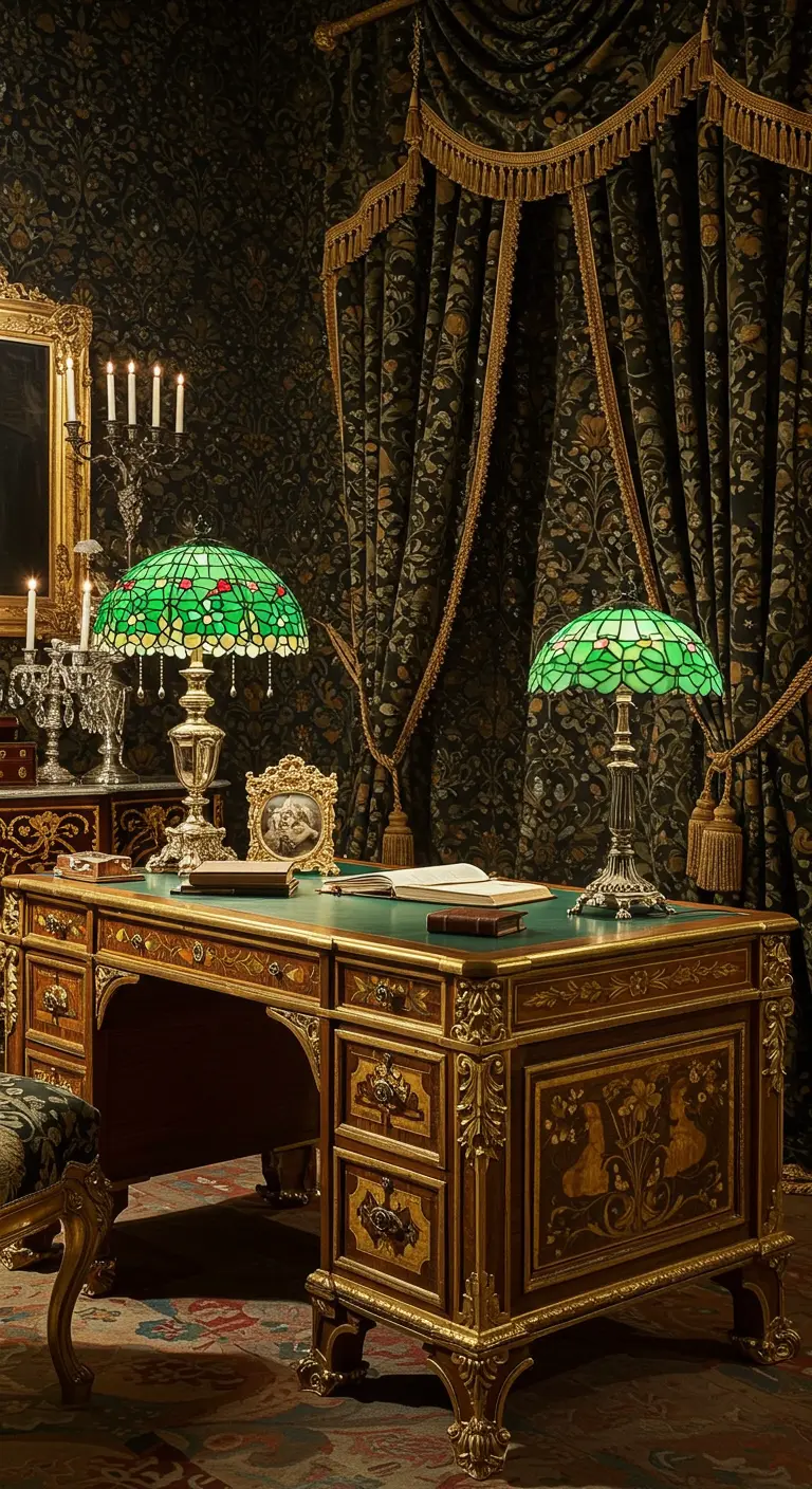 Escritorio opulento con lámparas Tiffany verdes y cortinas brocadas.