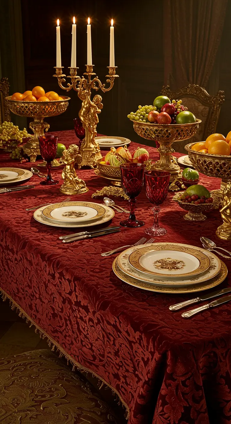 Mesa barroca con mantel de damasco rojo, candelabros dorados y fruteros rebosantes.