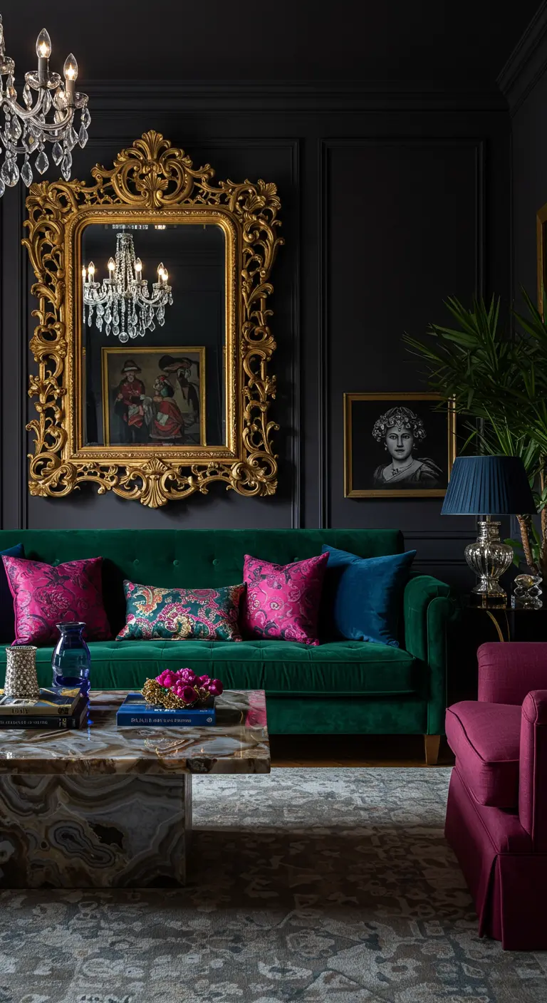 Sala de estar oscura y glamurosa con sofá de terciopelo verde, cojines fucsias y un gran espejo dorado.