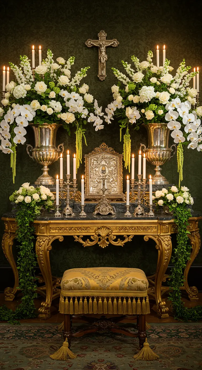Altar barroco opulento con consola dorada, flores blancas, plata y un crucifijo.