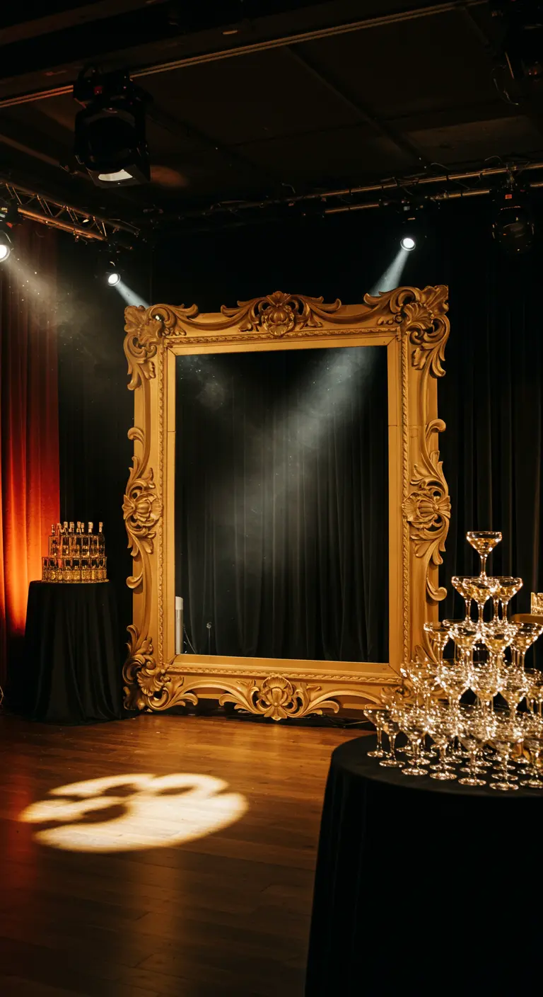 Marco de photocall gigante dorado y ornamentado en un escenario con copas de champán.