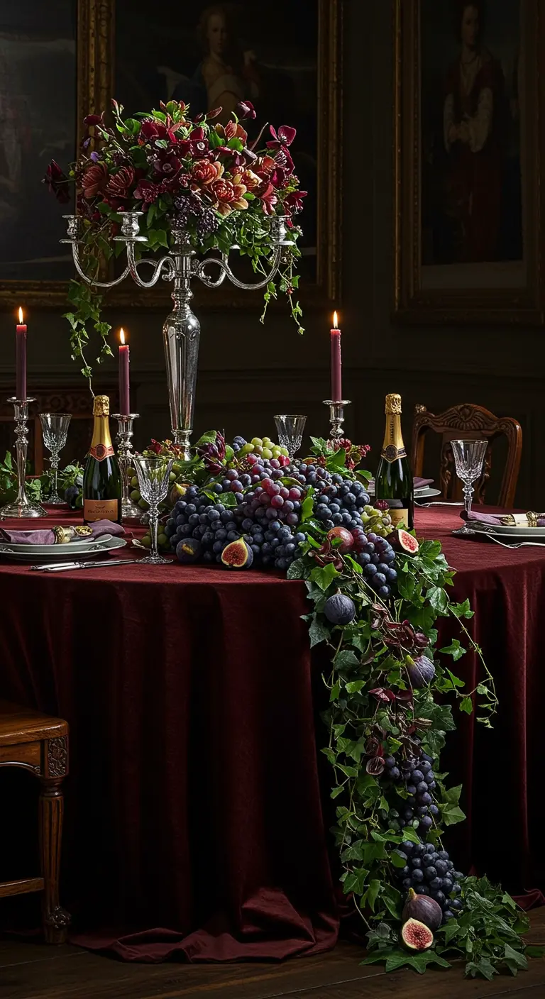 Mesa de comedor con mantel de terciopelo rojo, candelabro y una cascada de uvas e higos.