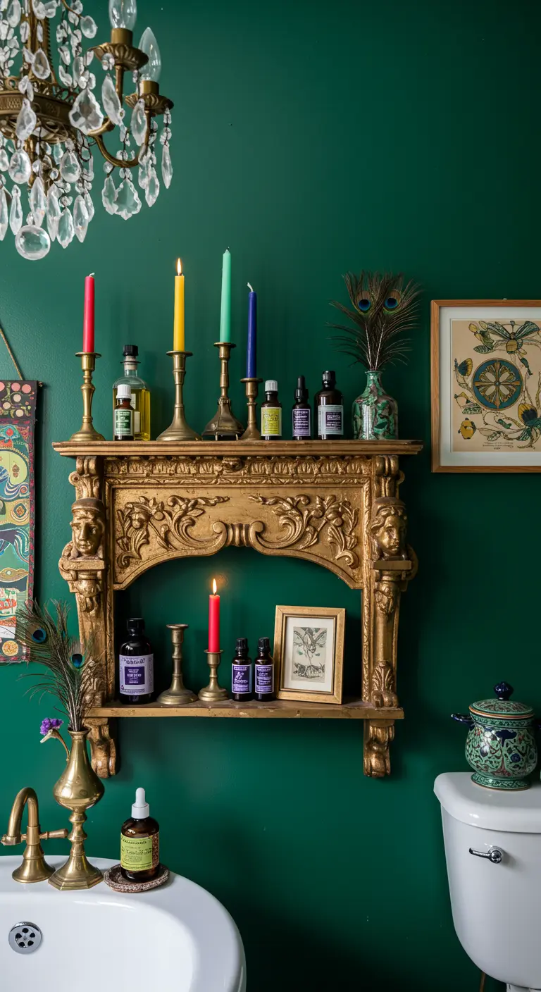 Estantería dorada ornamentada con velas de colores y plumas de pavo real sobre pared verde.