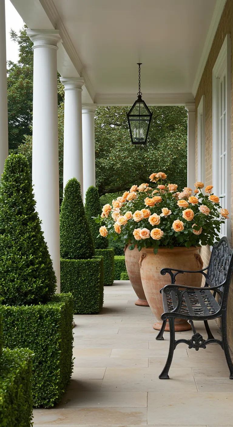 Porche señorial con columnas, topiarios de boj y grandes urnas con rosales de color melocotón.