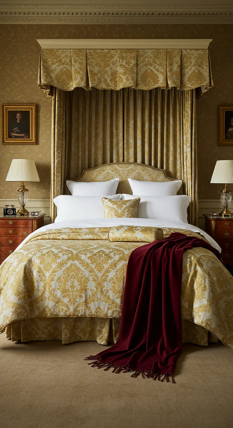 Dormitorio clásico con ropa de cama dorada de damasco y una manta de terciopelo burdeos.