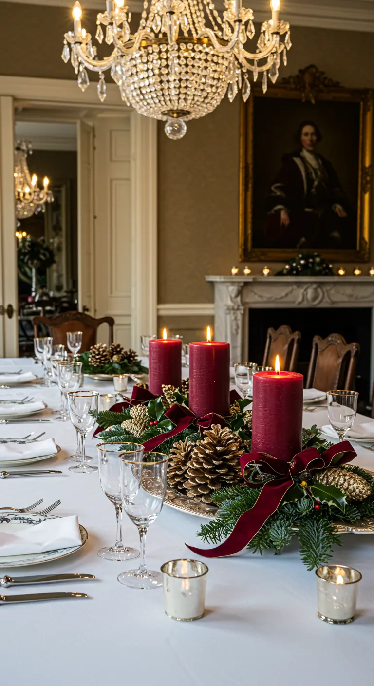 Centro de mesa elegante con velas rojas, piñas doradas y lazo de terciopelo en una mesa formal.