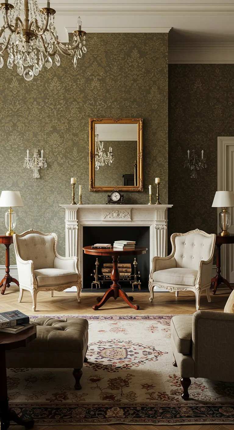 Elegante rincón de lectura de estilo clásico con papel damasco, sillones franceses y candelabro.
