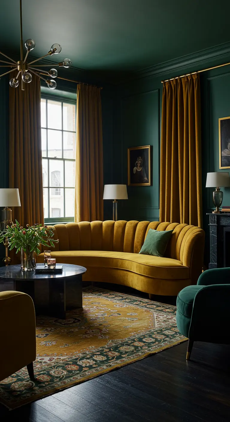 Sofá curvo de terciopelo mostaza en una sala verde esmeralda con cortinas a juego.
