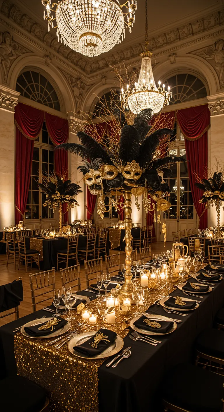 Salón de baile con mesas largas decoradas en negro y oro para una fiesta de máscaras venecianas.