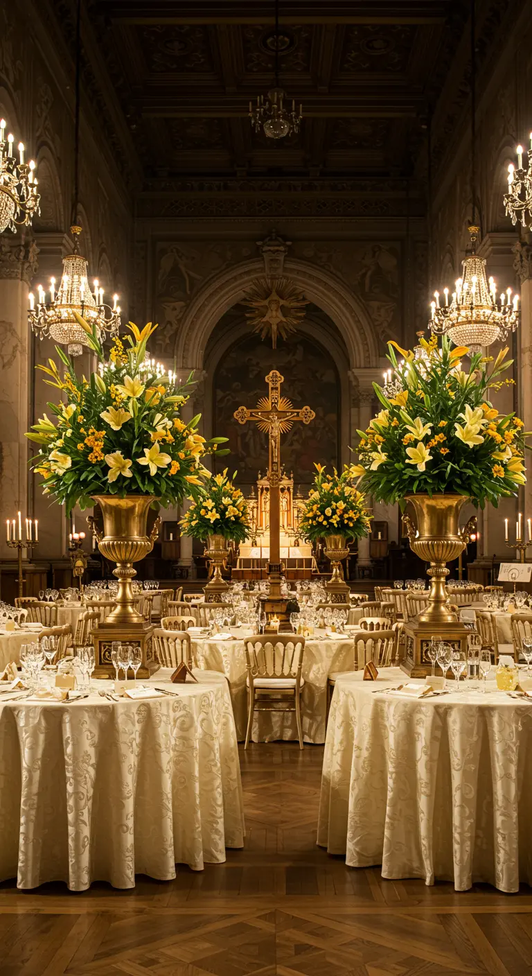 Salón de banquetes opulento con enormes arreglos de lirios amarillos en urnas doradas y una cruz dorada.