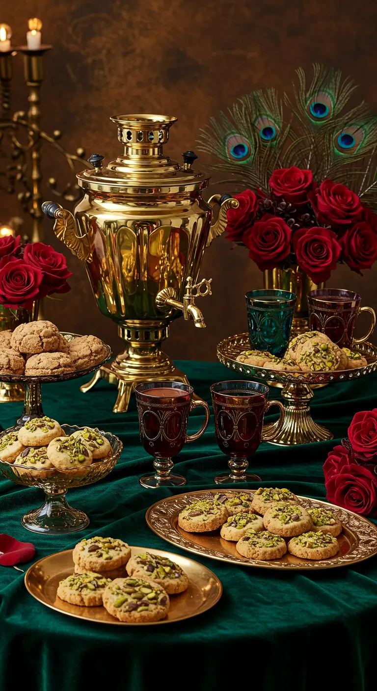 Lujosa mesa de postres con mantel verde esmeralda, samovar dorado y detalles en rojo y plumas.