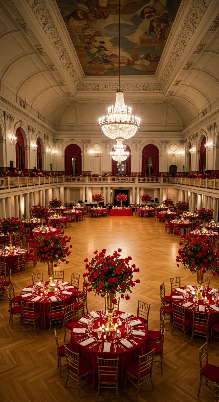 Gran salón de baile con mesas redondas cubiertas con manteles rojos y enormes centros de mesa de rosas rojas.