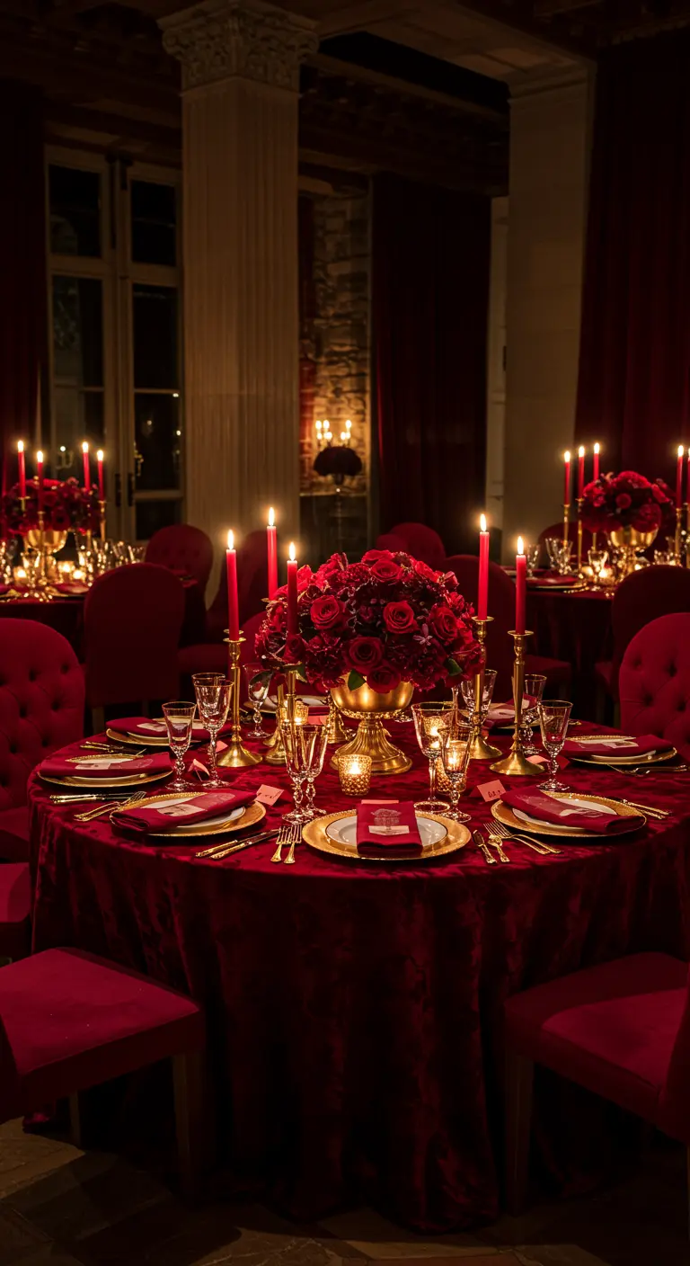 Lujosa mesa redonda de San Valentín con mantel de terciopelo rojo, rosas y detalles dorados.