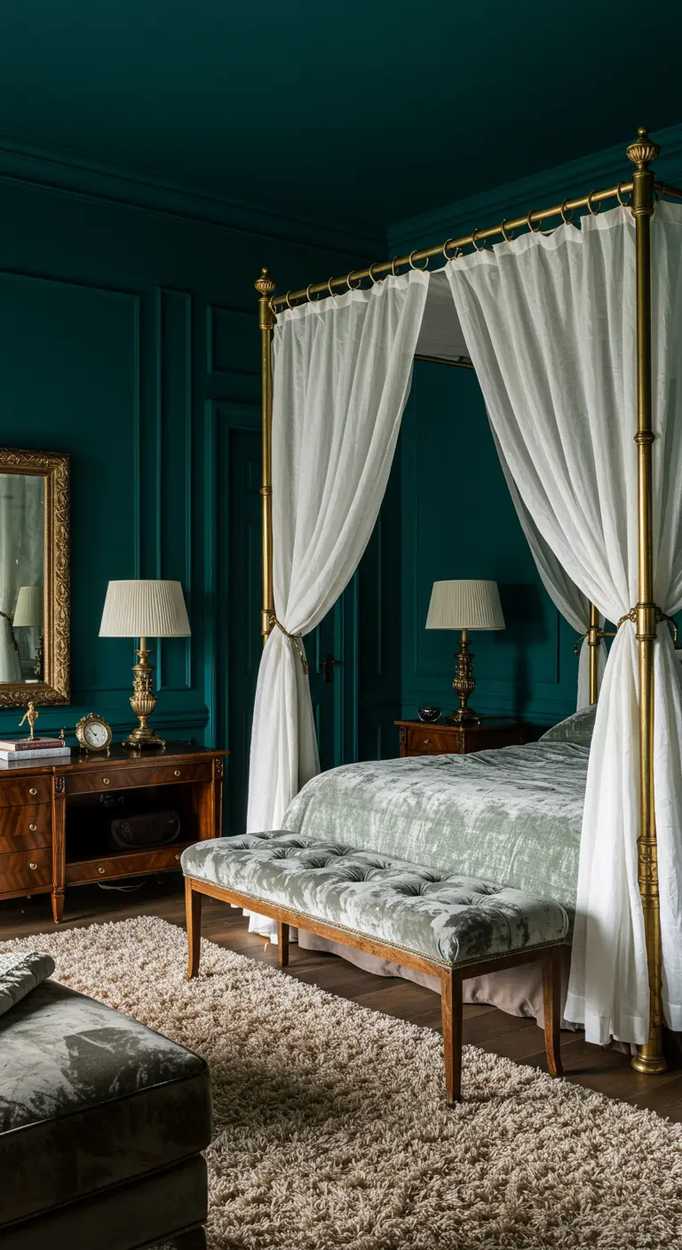 Dormitorio lujoso de los 80 con paredes verde esmeralda y una cama con dosel dorada.
