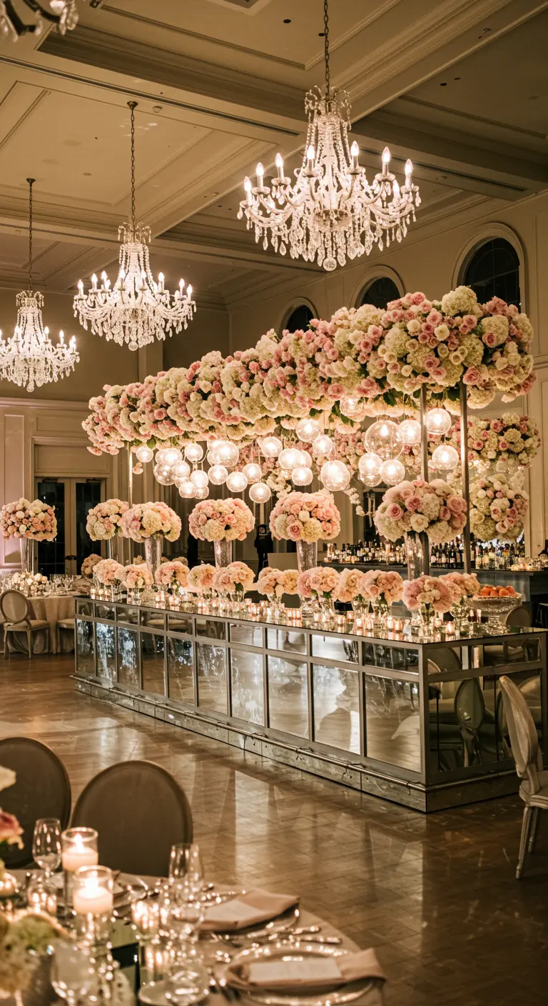 Lujosa barra de bar con espejos, coronada por una masiva instalación de rosas y hortensias rosas y blancas.