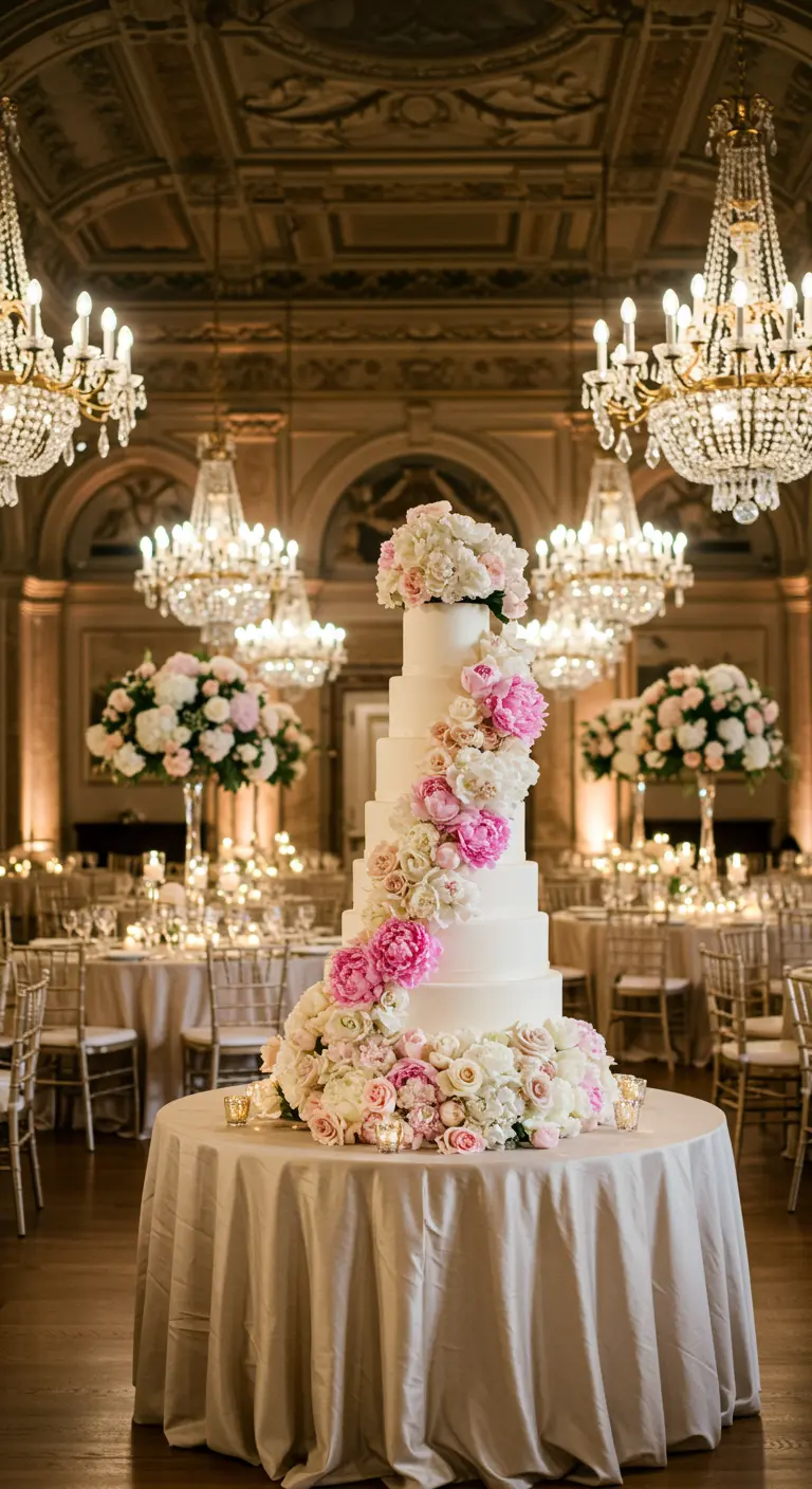 Pastel de bodas alto y blanco con una cascada de peonías y rosas rosas.