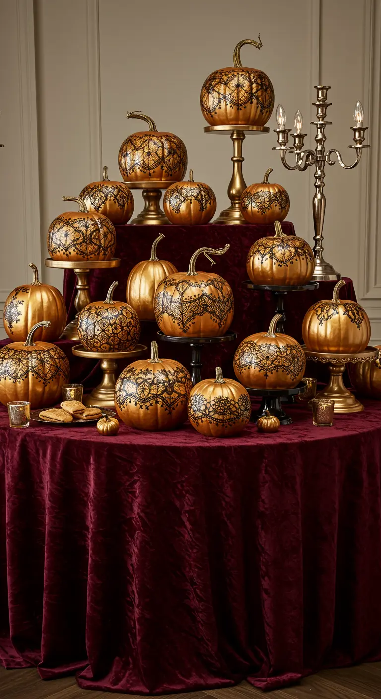 Mesa con mantel de terciopelo y calabazas doradas decoradas con intrincados patrones de encaje negro.