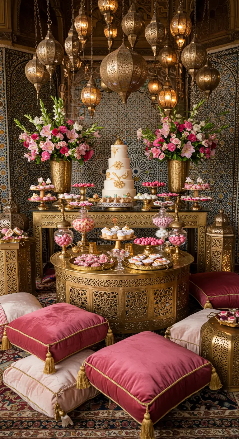 Opulento candy bar de estilo marroquí con farolillos dorados, cojines y azulejos.