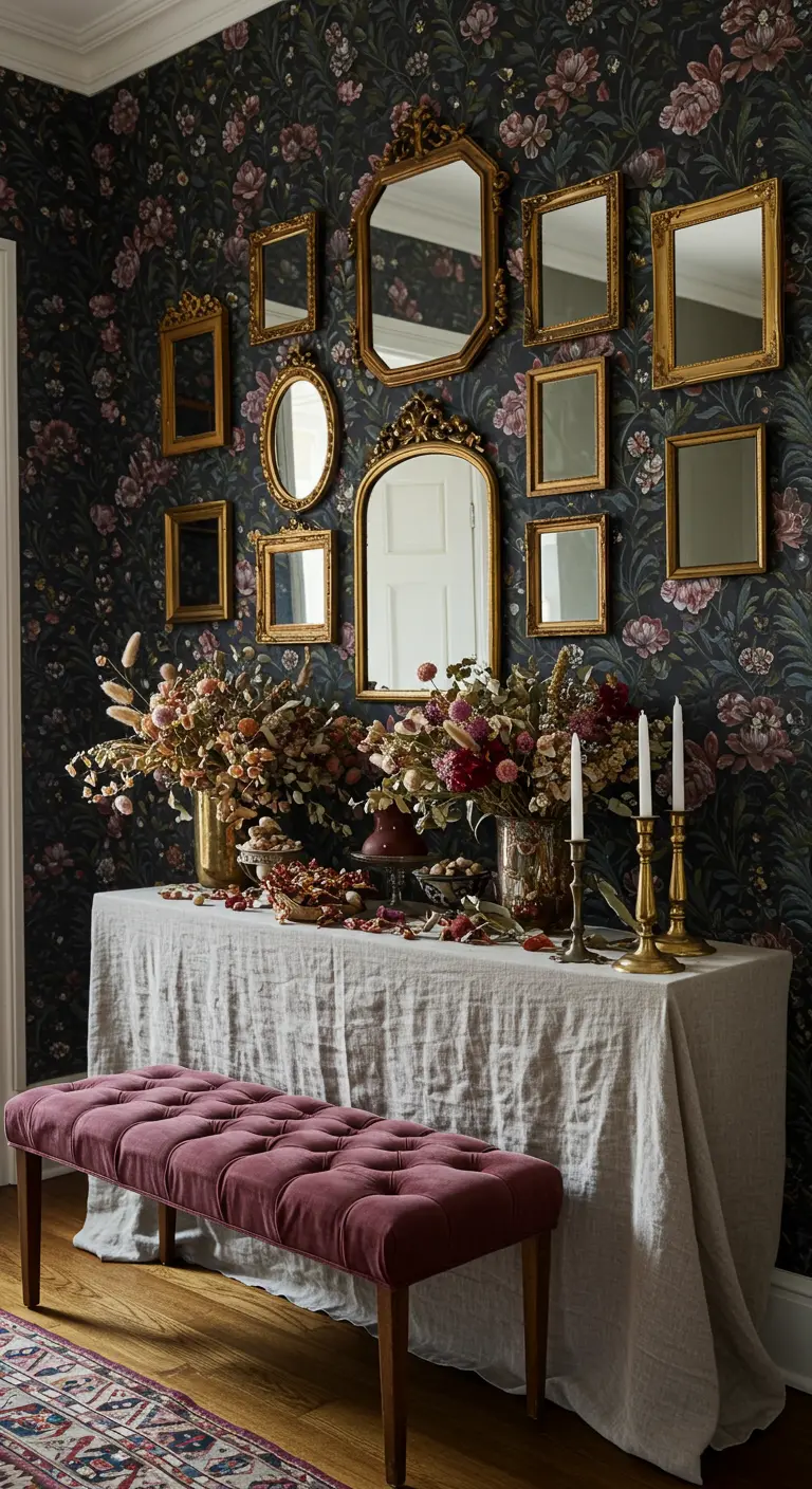 Entrada maximalista con papel pintado floral, una galería de espejos dorados y flores secas.