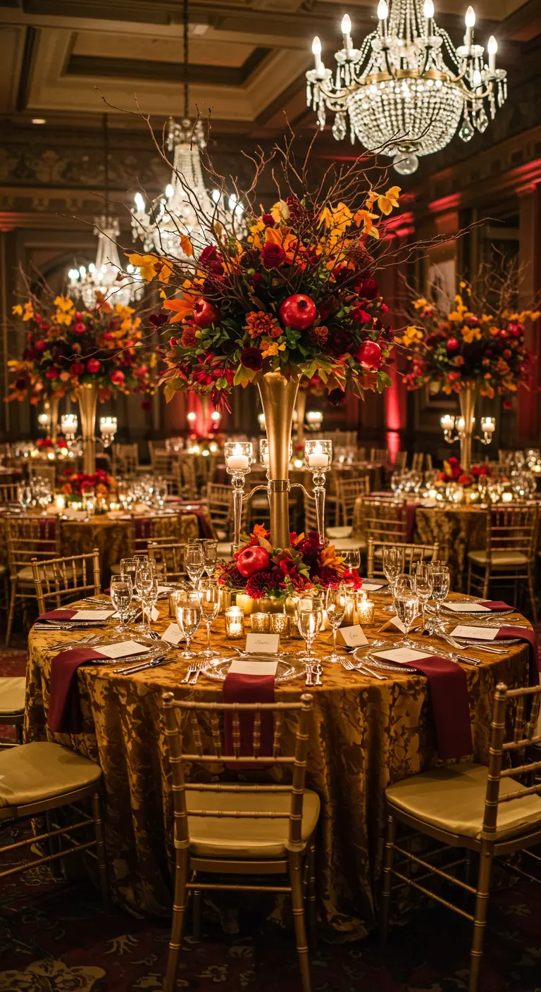 Mesa de boda elegante con centro de mesa alto, flores rojas y granadas.
