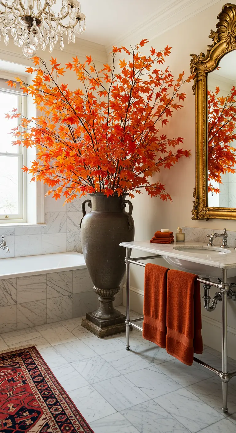 Baño clásico de mármol con un gran jarrón antiguo lleno de ramas de arce naranjas.