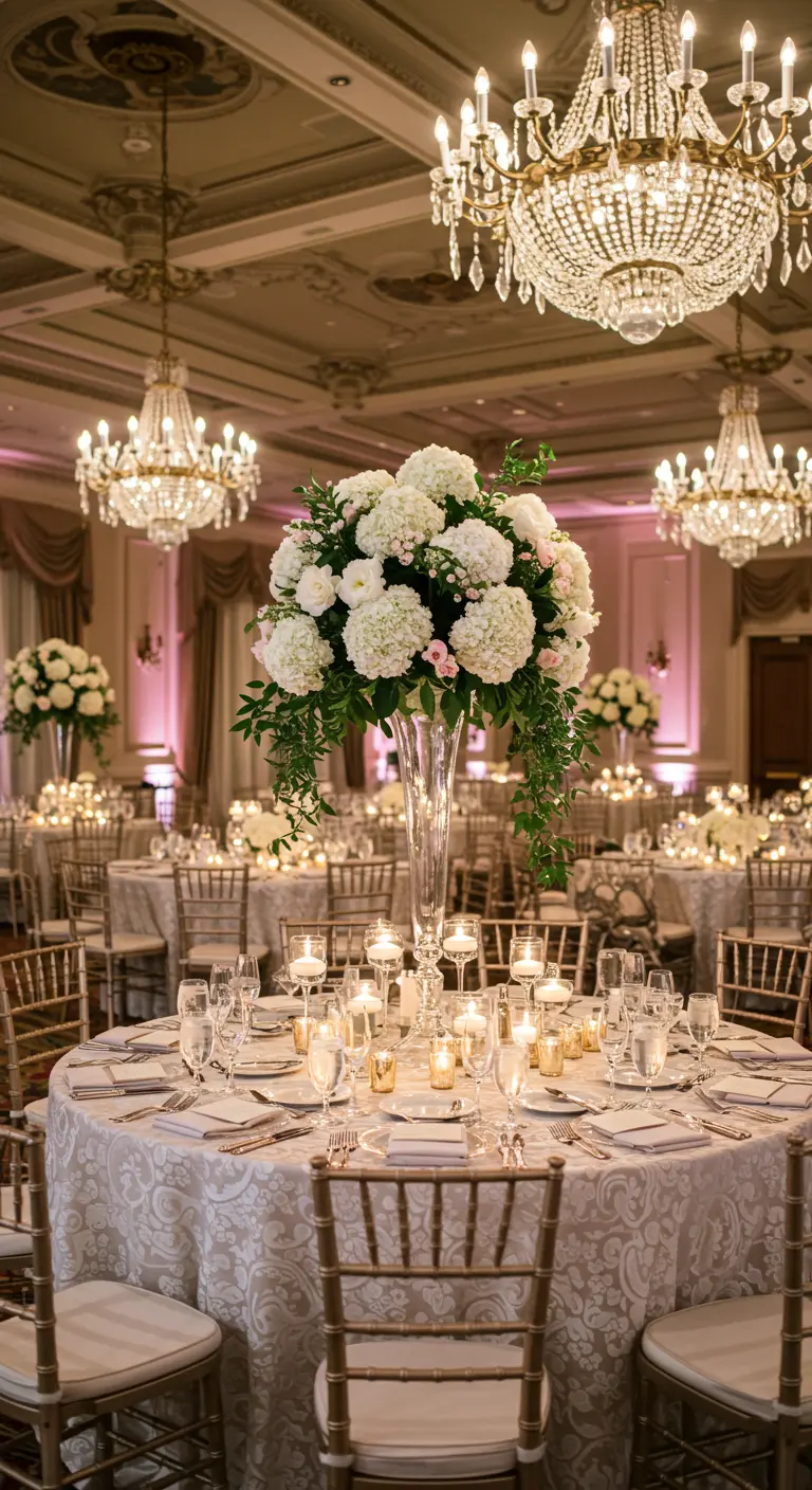 Salón de baile elegante con centros de mesa altos de hortensias blancas y candelabros de cristal.
