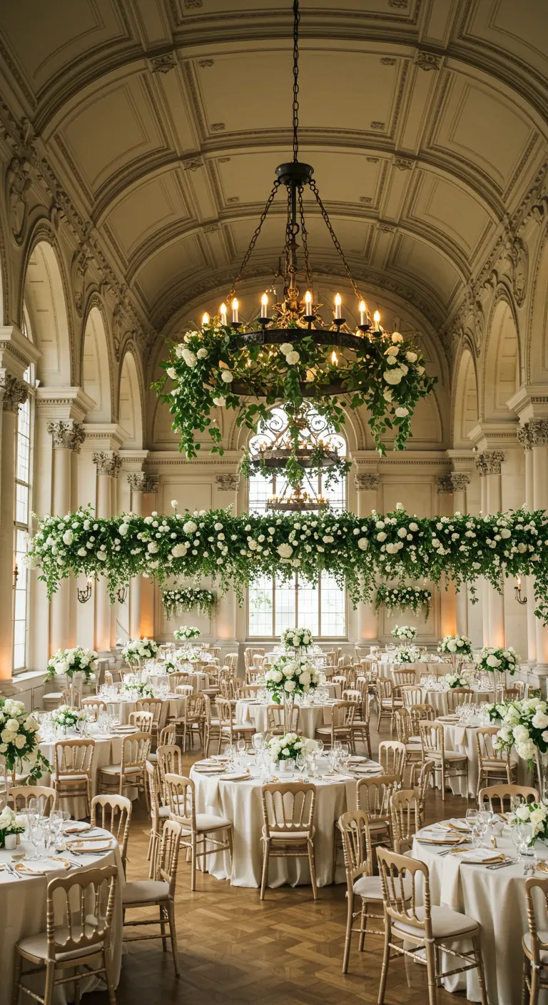 Salón de baile elegante con mesas redondas y enormes guirnaldas de flores blancas colgantes.