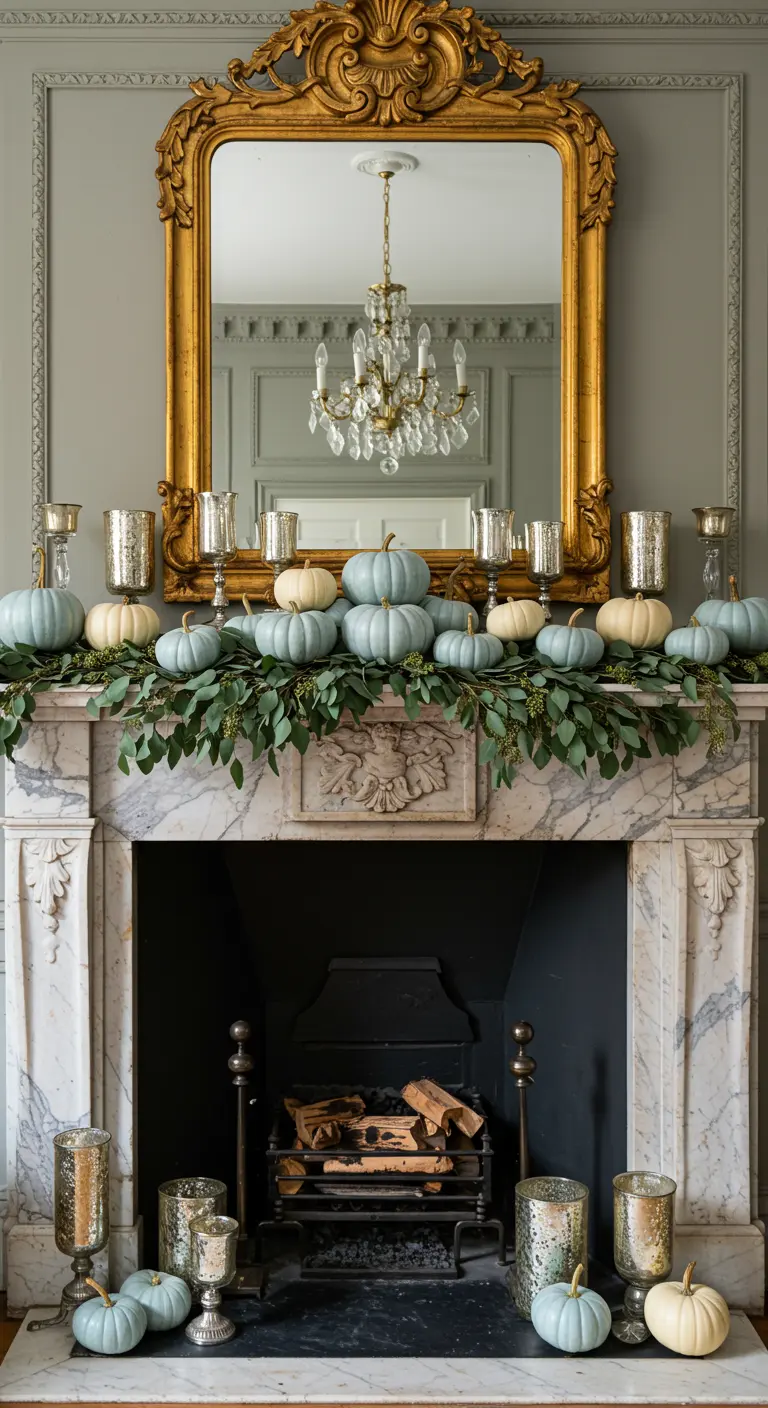 Chimenea de mármol con un gran espejo dorado, calabazas azules y blancas y portavelas de mercurio.