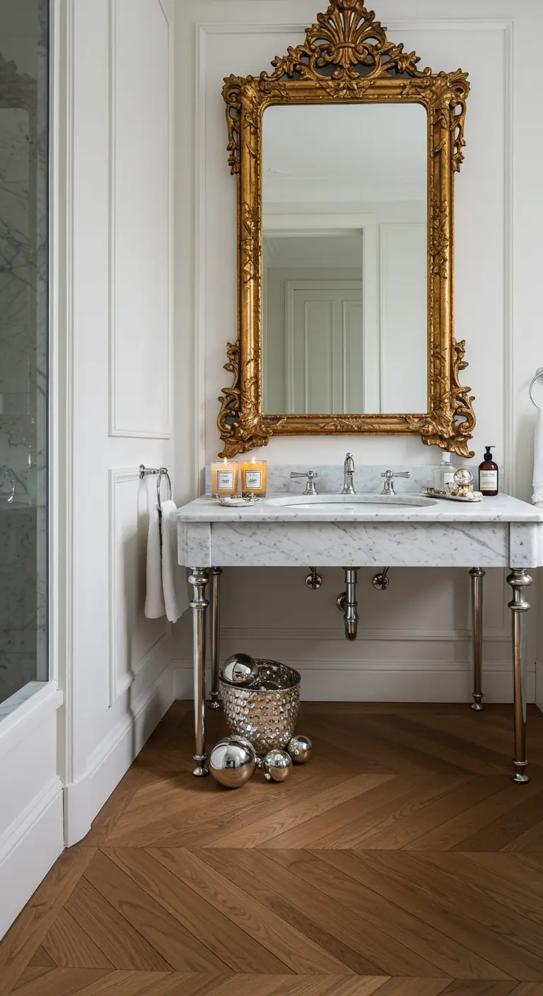 Baño elegante con un gran espejo dorado y un cuenco con adornos navideños plateados.