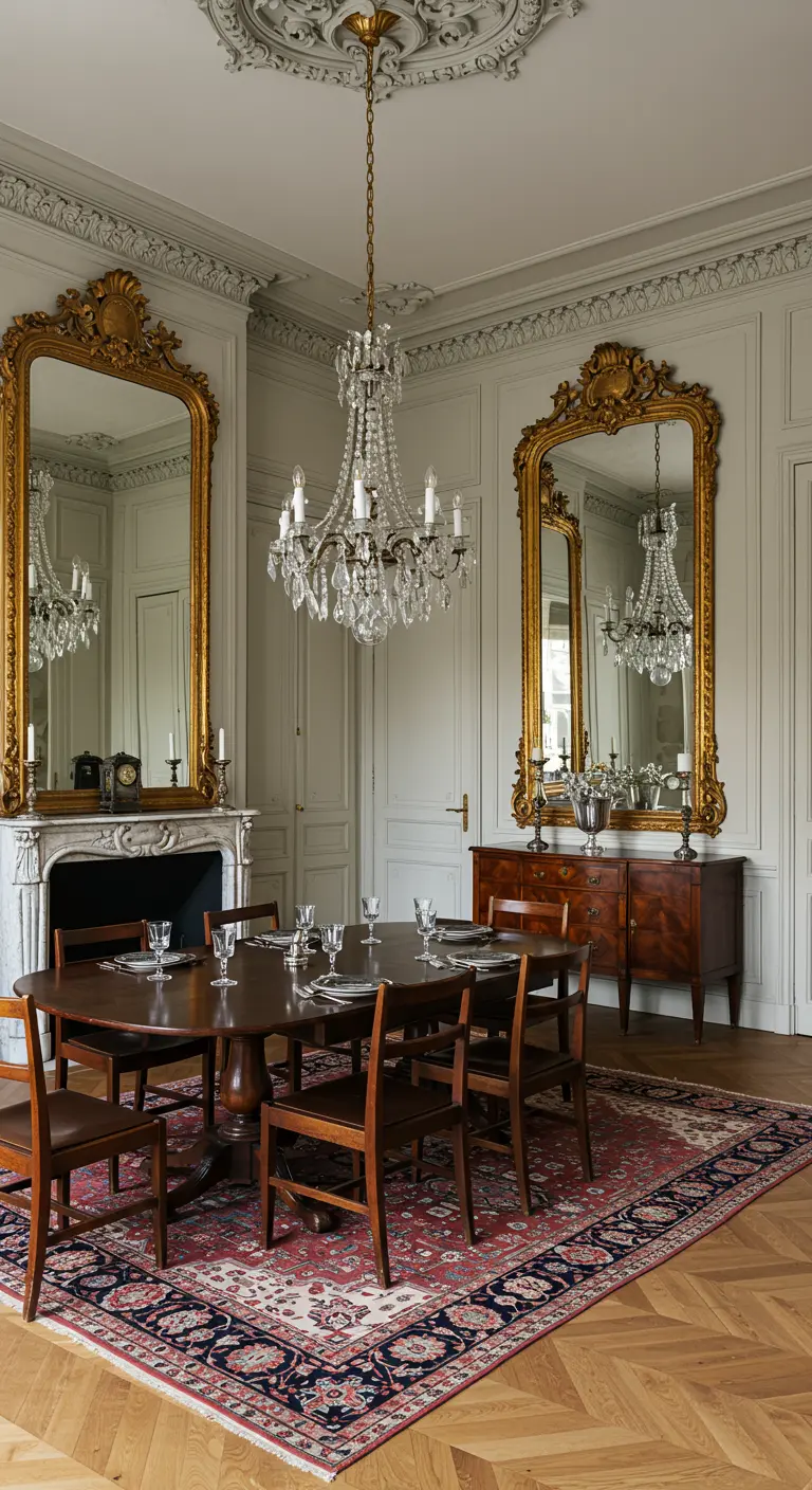 Comedor clásico parisino con espejos altos dorados, chimenea y lámpara de araña de cristal