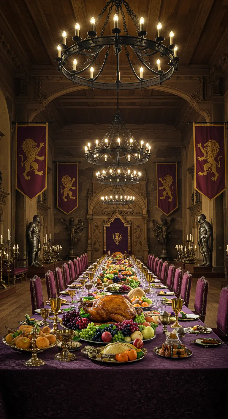 Banquete real opulento con un mantel morado, copas doradas y un pavo asado en el centro.