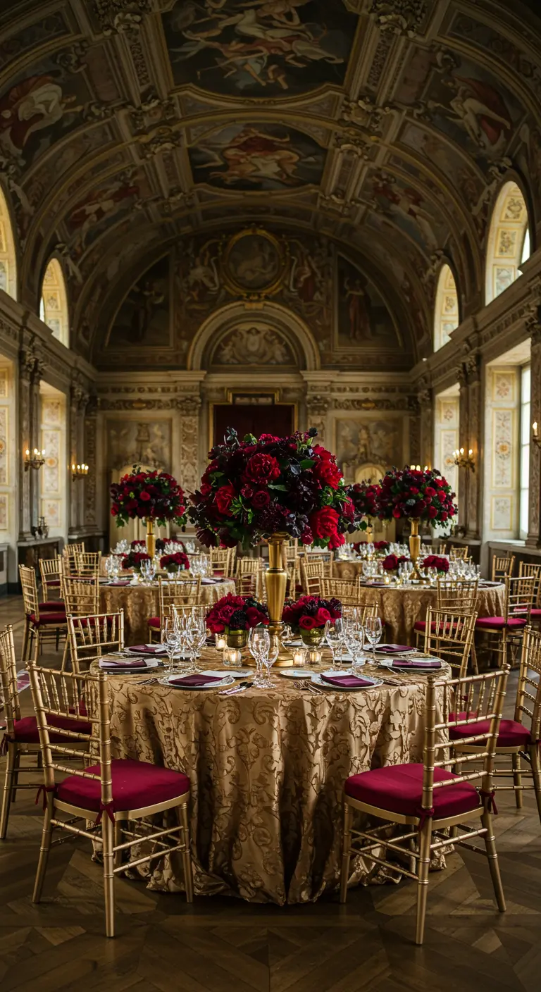 Salón de banquetes de estilo clásico con mesas doradas y sillas y flores en tonos rojos intensos.