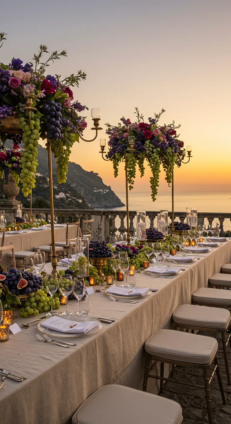 Mesa de boda de lujo al atardecer con uvas colgando de altos centros de mesa florales.
