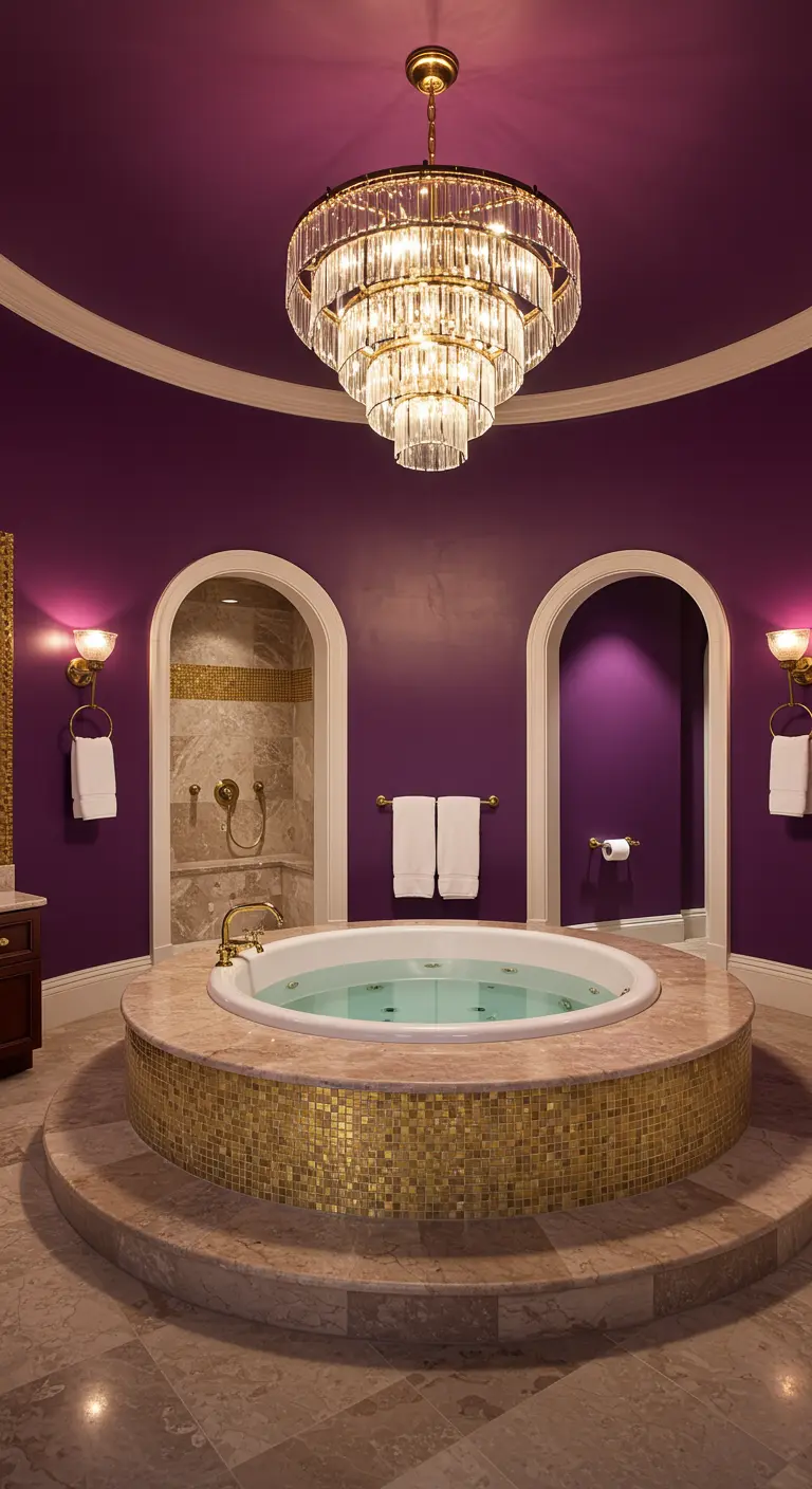 Baño lujoso con paredes púrpuras, una bañera de hidromasaje con mosaico dorado y arcos