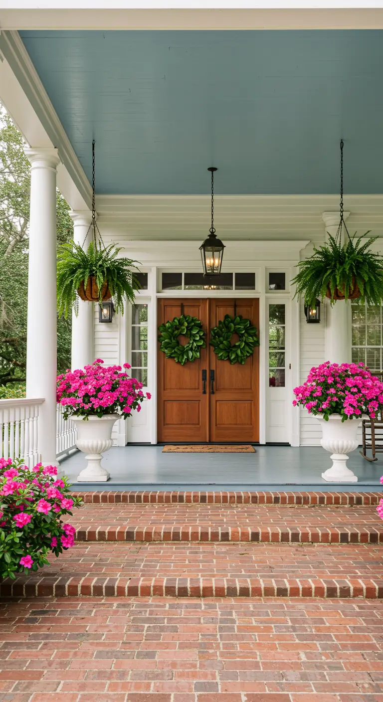 Gran porche con columnas blancas, techo azul, doble puerta de madera y flores fucsias en urnas