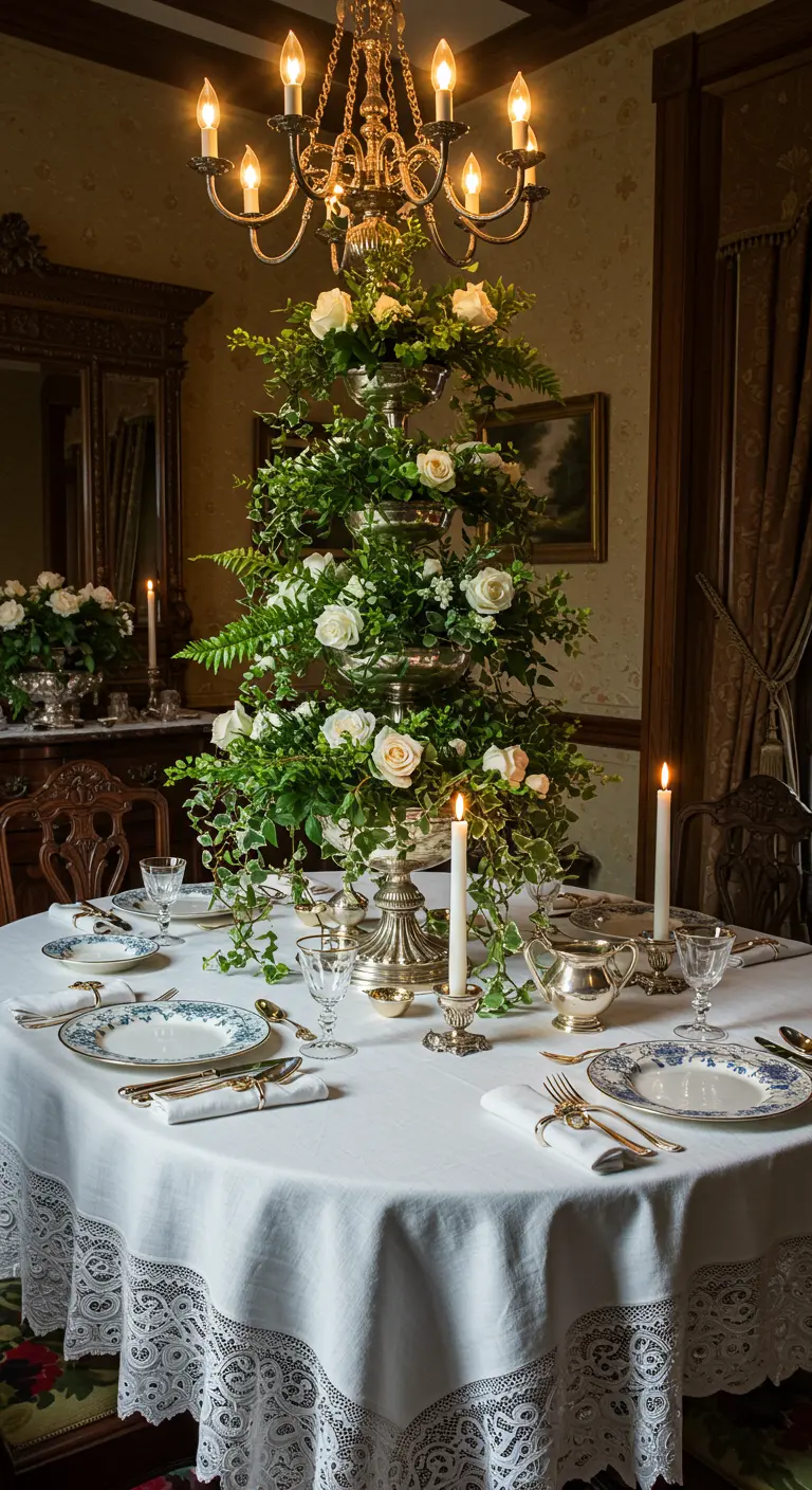 Mesa de comedor victoriana con un centro de mesa de plata de varios pisos lleno de rosas blancas y helechos.